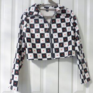 SHEIN black and white checkered zip up jacket with red hearts